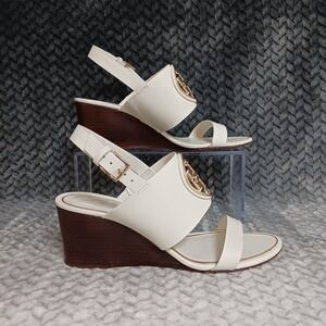 Tory Burch Cream Leather Wedge Sandals with Gold Logo
